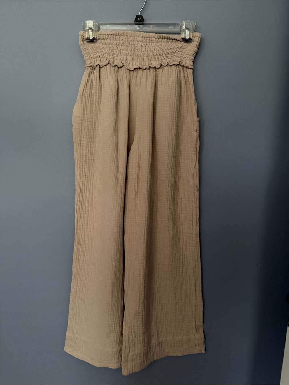 Smocked Gauze Wide Leg Pants Beige High Waist Boho Minimalist small